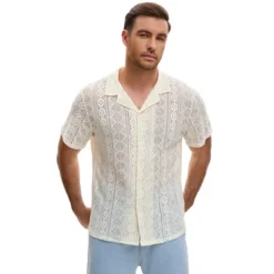 INSPIRE CHIC Men's Camp Collar Short Sleeve Button Down Party Mesh See Through Shirts