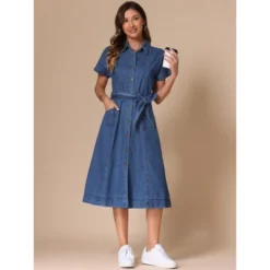 INSPIRE CHIC Women's Denim Casual Button Down Short Sleeves Belted Midi Dress -Fashion Clothing Store GUEST 5ea4a5d6 1d45 4439 a7ad c09604e1a312