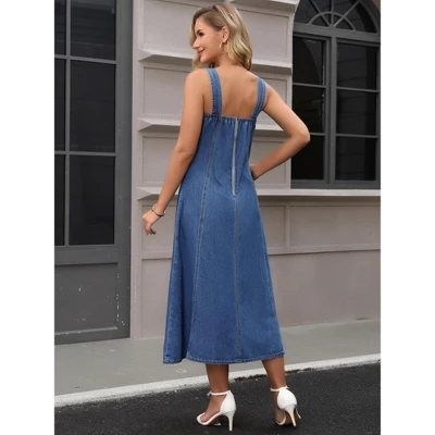 INSPIRE CHIC Women's Sleeveless Square Neck Cute Swing A-Line Midi Denim Dresses 3 INSPIRE CHIC Women's Sleeveless Square Neck Cute Swing A-Line Midi Denim Dresses - Image 3