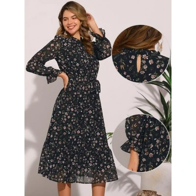 INSPIRE CHIC Women's Floral Mock Neck Long Sleeve Elastic Waist Flowy Midi Dress 1 INSPIRE CHIC Women's Floral Mock Neck Long Sleeve Elastic Waist Flowy Midi Dress