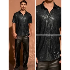 INSPIRE CHIC Men's Button Down Short Sleeve 70s Disco Metallic Sequin Shirts -Fashion Clothing Store GUEST 62a1afb7 836c 4fb7 9998 aaa73aec27bf