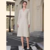 INSPIRE CHIC Women's Notch Lapel Wrap Neck Long Sleeve A-Line Midi Pleated Dress