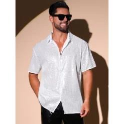 INSPIRE CHIC Men's Retro Button Down Short Sleeve Party Glitter Sequins Shirt
