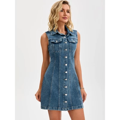 INSPIRE CHIC Women's Denim Sleeveless Country Summer Collared Button Down Mini Jean Dresses 1 INSPIRE CHIC Women's Denim Sleeveless Country Summer Collared Button Down Mini Jean Dresses