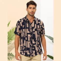 INSPIRE CHIC Men's Geometric Printed Summer Short Sleeves Beach Hawaiian Shirts