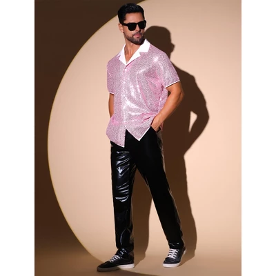 INSPIRE CHIC Sequins Shirts For Men's Camp Collar Short Sleeve Button Down Party Shiny Shirt 3 INSPIRE CHIC Sequins Shirts For Men's Camp Collar Short Sleeve Button Down Party Shiny Shirt - Image 3