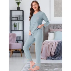 INSPIRE CHIC Women's Cotton Ribbed V Neck Pullover Tops And Pants With Pockets Pajama Sets