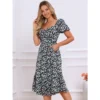 INSPIRE CHIC Women's Floral Sweetheart Neck Puff Short Sleeve A-Line Midi Dress