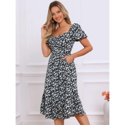 INSPIRE CHIC Women's Floral Sweetheart Neck Puff Short Sleeve A-Line Midi Dress 1 INSPIRE CHIC Women's Floral Sweetheart Neck Puff Short Sleeve A-Line Midi Dress