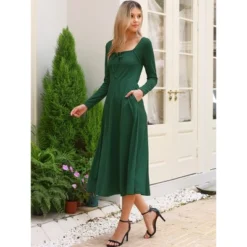 INSPIRE CHIC Women's Square Neck Long Sleeve A-Line High Waist Midi Knitted Dresses With Pocket -Fashion Clothing Store GUEST 6c8ffc5a c594 4ef2 b66b 3f2bd1dd306b