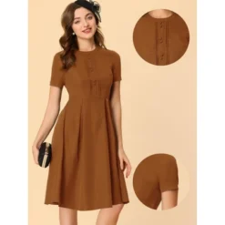 INSPIRE CHIC Women's Vintage Round Neck Short Sleeve Pleated 1950s Midi Dress