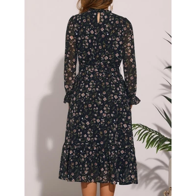 INSPIRE CHIC Women's Floral Mock Neck Long Sleeve Elastic Waist Flowy Midi Dress 2 INSPIRE CHIC Women's Floral Mock Neck Long Sleeve Elastic Waist Flowy Midi Dress - Image 2