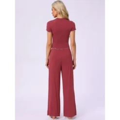 INSPIRE CHIC Women's 2 Pcs Knitted Short Sleeve Top Ruffled Long Wide Leg Pants Pajama Suits -Fashion Clothing Store GUEST 71766eee e3f5 4585 8cd6 8de4107ecb63