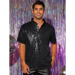 INSPIRE CHIC Men's Short Sleeves Club Party Shiny Sequin Polo Shirts