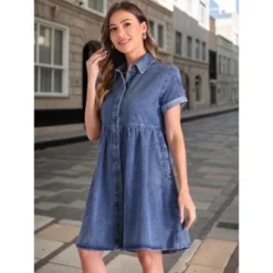 INSPIRE CHIC Women's Summer Turndown Collar Button Down Short Sleeve Babydoll Denim Midi Dress -Fashion Clothing Store GUEST 77d48c94 ac90 48bd 93f9 537ae9c1f96a