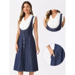 INSPIRE CHIC Women's Button Front Classic U Neck Overall Denim Midi Dress With Pockets