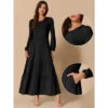 INSPIRE CHIC Women's Tiered Crewneck Long Sleeve Maxi Casual A-Line Dress With Pockets