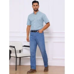 INSPIRE CHIC Men's Point Collar Short Sleeve Button Down Checked Plaid Dress Shirt