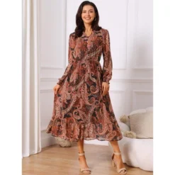 INSPIRE CHIC Women's V Neck Boho Floral Long Sleeve High Waist Smocked Cuff A-Line Flowy Midi Dress -Fashion Clothing Store GUEST 7ad87a89 5271 4fcd 9c25 dcf8c2331b46