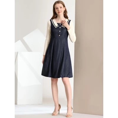 INSPIRE CHIC Women's Contrast Collar Long Sleeve Denim Dresses 2 INSPIRE CHIC Women's Contrast Collar Long Sleeve Denim Dresses - Image 2