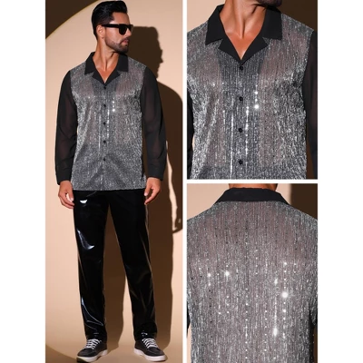 INSPIRE CHIC Men's Camp Collar Long Sleeve Party See Through Sequin Shirts 4 INSPIRE CHIC Men's Camp Collar Long Sleeve Party See Through Sequin Shirts - Image 4
