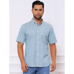 INSPIRE CHIC Men's Point Collar Short Sleeve Button Down Checked Plaid Dress Shirt -Fashion Clothing Store GUEST 7eca26a5 92f5 4530 a166 0e7f380b95ad