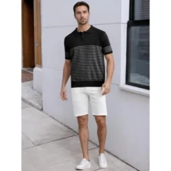 INSPIRE CHIC Men's Regular Fit Short Sleeves Button Down Collared Casual Knit Striped Polo Shirt