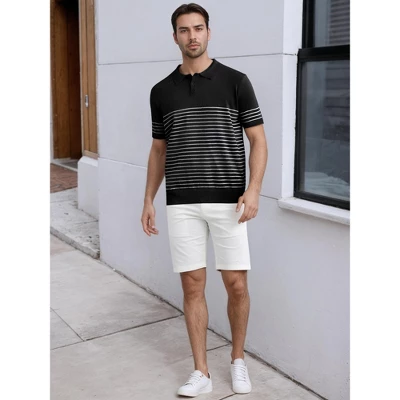 INSPIRE CHIC Men's Regular Fit Short Sleeves Button Down Collared Casual Knit Striped Polo Shirt 1 INSPIRE CHIC Men's Regular Fit Short Sleeves Button Down Collared Casual Knit Striped Polo Shirt