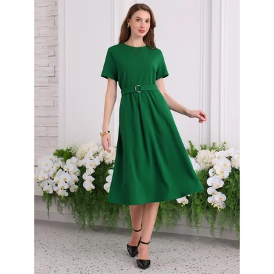 INSPIRE CHIC Women's Summer A-Line Crew Neck Short Sleeve Belted Flare Midi Dresses 2 INSPIRE CHIC Women's Summer A-Line Crew Neck Short Sleeve Belted Flare Midi Dresses - Image 2