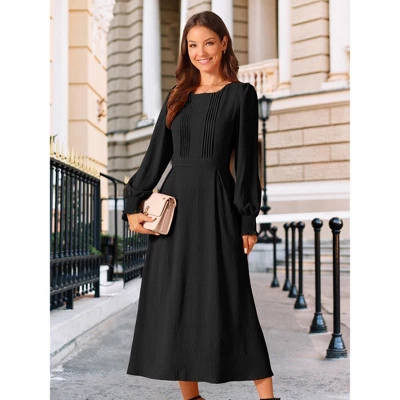 INSPIRE CHIC Women's Elegant Frilled Crewneck Midi Long Sleeve Pleated A-Line Flowy Dress With Pockets 4 INSPIRE CHIC Women's Elegant Frilled Crewneck Midi Long Sleeve Pleated A-Line Flowy Dress With Pockets - Image 4