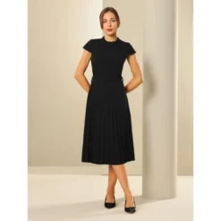 INSPIRE CHIC Women's Mock Neck Cap Sleeve Belted A-Line Midi Pleated Dresses