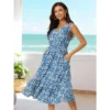 INSPIRE CHIC Women's Summer Boho Beach V Neck Sleeveless Floral Flowy Tiered Midi Dress With Pockets 2 Packs