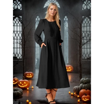 INSPIRE CHIC Women's Elegant Frilled Crewneck Midi Long Sleeve Pleated A-Line Flowy Dress With Pockets 1 INSPIRE CHIC Women's Elegant Frilled Crewneck Midi Long Sleeve Pleated A-Line Flowy Dress With Pockets