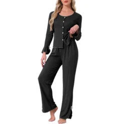 INSPIRE CHIC Womens Pajamas Long Sleeve Side Bow Button Down Ruffle Hem Top And Wide Leg Pant Sleepwear Set -Fashion Clothing Store GUEST 9330cd2c 0834 4bed 8797 c0a586275480