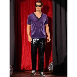 INSPIRE CHIC Men's V-Neck Short Sleeve Party Sheer Glitter T-Shirt
