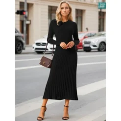 INSPIRE CHIC Women's Crewneck Knit Long Sleeve Midi Ribbed A-Line Sweater Dress
