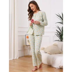 INSPIRE CHIC Women's Cotton Pajamas Long Sleeve Round Neck Button Down Floral Set With Pocket