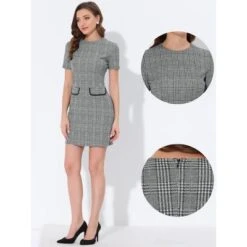 INSPIRE CHIC Women's Work Short Sleeve Vintage Houndstooth Pencil Sheath Dress
