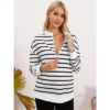 INSPIRE CHIC Women's Maternity Tunic High Low Tops Half Zip Long Sleeve Mock Neck Side Slit Striped Pregnancy Blouse