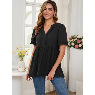 INSPIRE CHIC Women's Maternity Tops Boho Ruffled Notched Neck Short Sleeve Shirts Flowy Blouses 5 INSPIRE CHIC Women's Maternity Tops Boho Ruffled Notched Neck Short Sleeve Shirts Flowy Blouses - Image 5