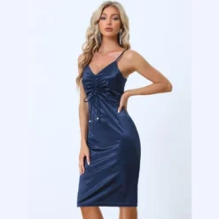INSPIRE CHIC Women's Satin Spaghetti Strap V Neck Ruched Drawstring Elegant Cocktail Midi Dress