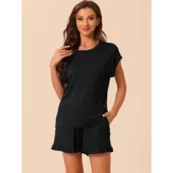 INSPIRE CHIC Women's 2 Pcs Summer Soft Short-Sleeve Tee With Ruffled Shorts Lounge Pajama Set