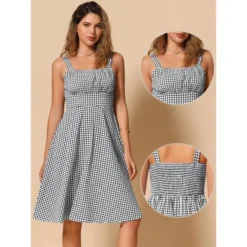 INSPIRE CHIC Women's Plaid Vintage Sleeveless Ruched Summer A-Line Flowy Midi Dresses 2 Packs