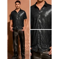 INSPIRE CHIC Men's Button Down Short Sleeve 70s Disco Metallic Sequin Shirts -Fashion Clothing Store GUEST a4b1e305 207d 4b7c 9d0f 3261c66f0b66