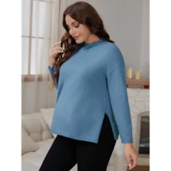 INSPIRE CHIC Women's Maternity Sweater Tops Long Sleeve Shirts Side Slit Stripe Mock Neck Pullover Pregnancy