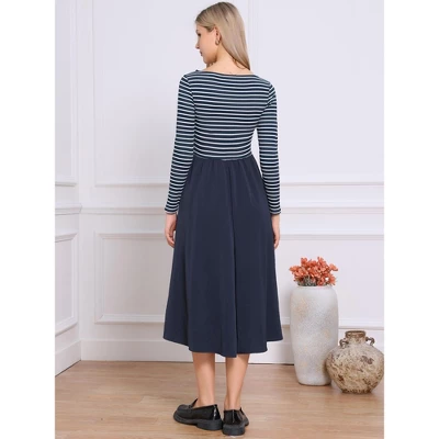 INSPIRE CHIC Women's Striped Patchwork Long Sleeves Crew Neck A-Line Casual Midi Dress 2 INSPIRE CHIC Women's Striped Patchwork Long Sleeves Crew Neck A-Line Casual Midi Dress - Image 2