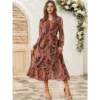 INSPIRE CHIC Women's V Neck Boho Floral Long Sleeve High Waist Smocked Cuff A-Line Flowy Midi Dress