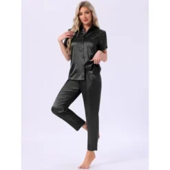 INSPIRE CHIC Womens Satin Loungewear Silky Button Down Short Sleeve Lapel Collar Pajama Sets