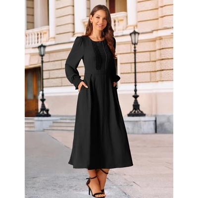 INSPIRE CHIC Women's Elegant Frilled Crewneck Midi Long Sleeve Pleated A-Line Flowy Dress With Pockets 2 INSPIRE CHIC Women's Elegant Frilled Crewneck Midi Long Sleeve Pleated A-Line Flowy Dress With Pockets - Image 2