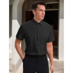 INSPIRE CHIC Men's Short Sleeve Stretch Lightweight Business Solid Formal Button Down Shirts